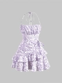 Floral print halter neck mini dress in white and purple featuring ruffled double-layer hem - Purple