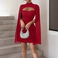 Sparkly red party dress with elegant lantern sleeves and keyhole neckline cutout - S / Red