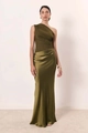 Close-up of olive green satin dress featuring elegant draped pleats and one-shoulder cut - Olive Green