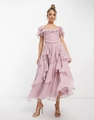 Elegant mauve layered ruffle maxi dress with square neckline and chiffon frill sleeves - S / Lotus root pink