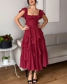 Elegant wine red tiered ruffle maxi dress with square neck and flutter sleeves - S / Red