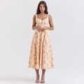 Französisches Blumen-Trägerkleid mit Rüschenoberteil und Schlitz, gelber Midirock-Stil - Gebrochenes Weiß