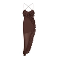 Dunkelkaffee-Chiffonkleid mit Kreuzträgern und mehrlagigen Volant-Details - S / Braun