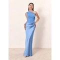 Hellblaues One-Shoulder-Satinkleid in Maxilänge mit plissiertem Oberteil und fließendem Saum - S / Himmelblau