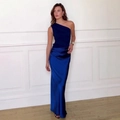 Elegant navy blue one-shoulder satin maxi dress with slim fit and silky finish - Dark Blue