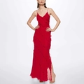 Elegant red chiffon evening gown with spaghetti straps, ruffled layers and a side high slit - S / Red