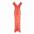 Vestido maxi de gasa floral con cuello en V y volantes en tonos rojos y rosados - S / Floral