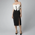 Elegante vestido palabra de honor en blanco y negro con lazo grande y abertura lateral - S / Negro