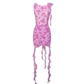 Abito aderente senza maniche con stampa floreale rosa, ruches e lunghe nappe decorative - S / Rosa