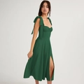 Elegant emerald green backless dress with bow straps and a sexy high slit detail - S / Green