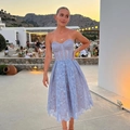 Light blue strapless lace dress with floral embroidery for elegant evening parties - Blue and Purple