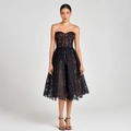 Elegant black lace strapless evening dress with floral embroidery and A-line skirt - Black