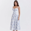 Slim fit midi dress with blue floral print, spaghetti straps, and bow tie detail - S / Blue Floral