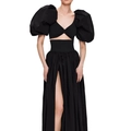 Ensemble élégant deux pièces noir avec manches bouffantes et jupe longue fendue - S / Noir