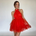 Abito corto rosso con scollo all'americana e gonna in tulle multistrato da festa - S / Rosso