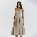 Elegantes khakifarbenes rückenfreies Midikleid mit Spaghettiträgern und Korsett-Oberteil - S / Hellkaffee