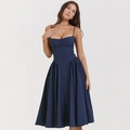 Dunkelblaues Midikleid im Korsett-Stil mit schmalen Trägern und Faltenrock - S / Blau