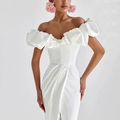 Elegant white off-shoulder evening dress with ruffled neckline and high side slit - S / White