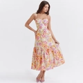 Abito estivo midi floreale panna con motivi rosa e dettaglio orlo a balze - S / Giallo