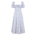Abito midi a fiori con maniche a sbuffo, scollo quadrato e spacco stile rustico - S / Floreale Blu