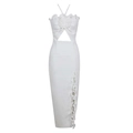 White halter neck dress featuring 3D floral detail, waist cutout and side slit ruffles - S / White