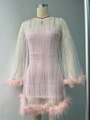 Pink sequin party dress with sheer mesh overlay and ostrich feather trim on flared sleeves - S / Light Pink
