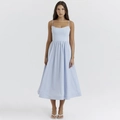 Elegant light blue backless midi A-line dress with pleated waist and sleeveless straps - S / Light Blue