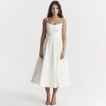 Elegant white backless A-line midi dress with waist pleats and spaghetti straps - S / White