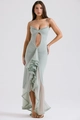 Detail of ruched waist and cut-out front on a green irregular ruffled maxi dress - S / Light Green