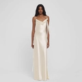 Elegante abito da sera in raso champagne con scollo a cappuccio e fiore 3D artigianale - S / Bianco Sporco