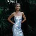 Elegant white sequin slip dress with holographic shimmer and slim fit for parties - Silver