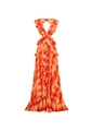 Dettaglio dell'abito lungo senza maniche con scollo a V e stampa tie-dye arancio - S / Arancione