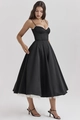 Dettaglio abito midi in raso nero stile corsetto con pizzo bianco e orlo in tulle - Taglia S / Nero
