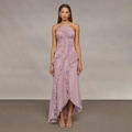 Elegantes lavendelfarbenes Chiffon-Halter-Abendkleid mit Rüschen und Plissee-Details - S / Hellviolett