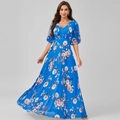 Elegantes tiefblaues Abendkleid mit V-Ausschnitt, Blumendruck und Flatterärmeln - XS / Königsblau