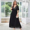 Elegantes schwarzes Abendkleid mit V-Ausschnitt, Spitzenärmeln und fließendem Chiffonrock - S / Schwarz