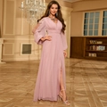 Elegantes Abendkleid in Mauve mit langen Ärmeln, Pailletten und hohem Schlitz für Feste - M / Lotosrosa