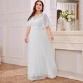 Elegante vestido de noche azul claro de talla grande con cuello en V y encaje floral - 0XL / Blanco