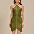 Olive green halter neck mini dress with pleated texture and asymmetrical fringe hem - S / Olive Green
