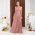 Elegante abito da sera rosa antico con scollo a V, vita a pieghe e gonna in chiffon fluida - S / Rosa Loto