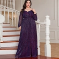 Elegantes lila Pailletten-Abendkleid mit schulterfreien Ärmeln und fließendem, bodenlangem Rock - 0XL / Lila