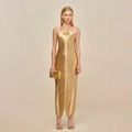 Elegant metallic gold halter maxi dress with ruched fabric and draped silhouette - S / Light gold
