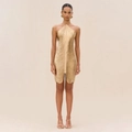 Elegant champagne gold halter neck mini dress with vertical fringe textures for party wear - S / Light gold