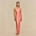 Elegant pink fringe halter maxi dress with silky tassels and a slim fit silhouette - S / Light Pink