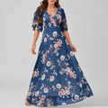 Detail of V-neck floral maxi dress with butterfly sleeves and pink flower prints - Blue