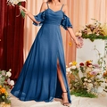 Detailed view of the dark blue off-shoulder evening dress with elegant ruffles and high slit - S / Haze Blue