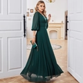Robe de soirée élégante en mousseline vert foncé avec col en V et manches lanterne - S / Vert Foncé