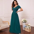 Elegante abito da sera verde scuro con scollo a V, maniche corte e vita plissettata - S / Blu Germano Reale
