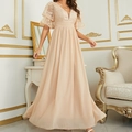 Detailed view of apricot lace embroidery on V-neck dress with layered ruffle sleeves - S / Apricot