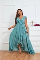 Detalle de vestido de gasa verde menta claro con escote en V y elegante dobladillo asimétrico - 3XL / Verde